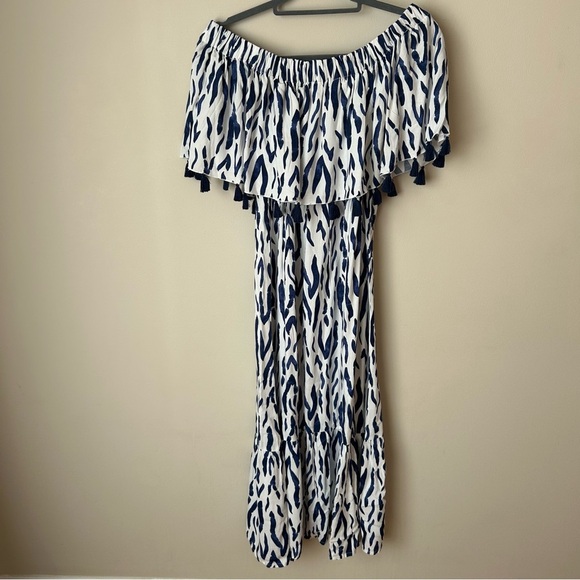 La Mer Luxe Off The Shoulder Navy Blue White Pattern Maxi Dress Size Small - Picture 6 of 7